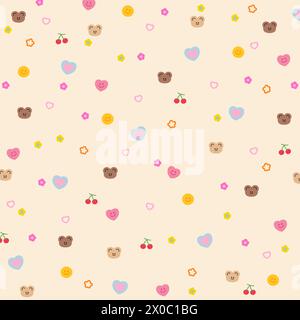 Ours en peluche, cœur et cerise illustrations pour fond, papier peint d'été, impression de tissu, motif animal, tissu d'enfant, textile mignon, papier cadeau, design Illustration de Vecteur