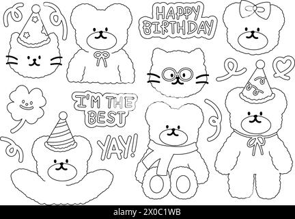 Illustration de contour des éléments d'anniversaire tels que l'ours en peluche, chat, chapeau de fête, lettres DE JOYEUX ANNIVERSAIRE, feuille de trèfle pour les autocollants, tatouage, carte, icônes Illustration de Vecteur