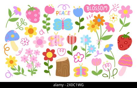 Illustrations de fleurs, fraise, papillon, champignon, doodle éléments pour fleur, nature, jardin, printemps, été, fruits, icônes pastel, logo Illustration de Vecteur