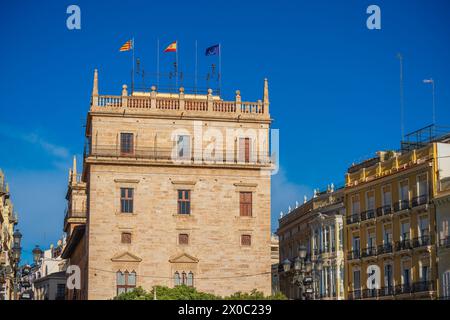 Valencia City, Espagne. Vue sur le Palau de la Generalitat Valenciana dans le quartier Ciutat Vella Banque D'Images