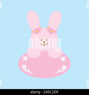 Illustration de l'étiquette de nom de lapin rose sur un fond bleu pastel pour le printemps, été, pique-nique, impression de carte, papier peint animal, dessin animé, pâques, animal de compagnie, vétérinaire Illustration de Vecteur