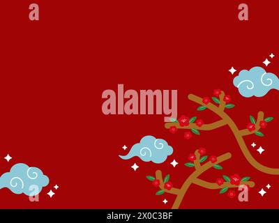 Fond rouge avec des fleurs, nuages, racines d'arbre pour le nouvel an chinois, Chuseok, festival de mi-automne, célébration, papier peint, bannière, cadre, annonces, carte Illustration de Vecteur