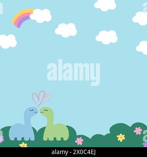 Dinosaures dessinés à la main avec ciel bleu, nuage, arc-en-ciel pour fond, toile de fond, papier peint, bannière, modèle d'annonce, conception de couverture, brochure, dessin animé, mascotte Illustration de Vecteur