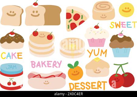 Illustrations de boulangerie et pâtisserie telles que pain, crêpe, rouleau à la cannelle, pizza, cupcake, hotdog, confiture, beignet et fruits tels que orange, cerise Illustration de Vecteur