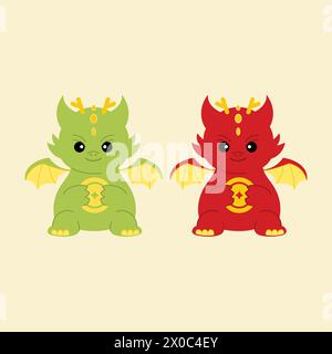 Illustration de deux dragons pour le nouvel an chinois, fond, papier peint, toile de fond, logo, icône, carte, autocollants, dessin animé, personnage, mascotte, décoration Illustration de Vecteur