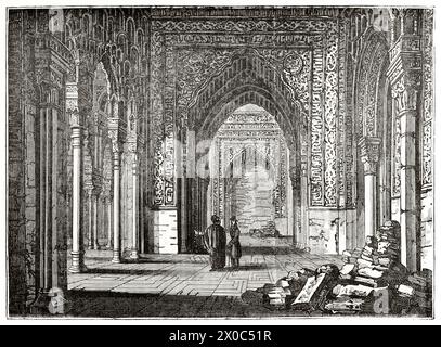 Vue ancienne de la Sala de la Justicia (salle de Justice) de l'Alhambra, de l'Espagne. Par auteur non identifié, publié le Magasin Pittoresque, Paris, 1837. Banque D'Images