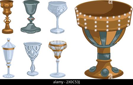 Gobelet en or et en verre, tasses et tasses décorées Illustration de Vecteur