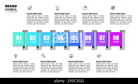 Modèle d'infographie avec icônes et 8 options ou étapes. Ruban dans une rangée. Peut être utilisé pour la mise en page de flux de travail, diagramme, bannière, webdesign. Illustration vectorielle Illustration de Vecteur