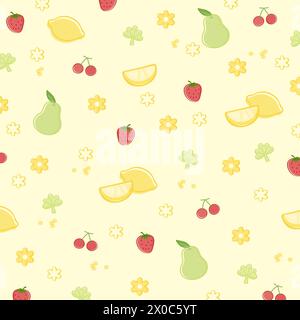 Mangue, citron, fraise, fleur sur un fond jaune pastel pour papier peint d'été, impression de tissu, motif fruité, vêtements d'enfant, pique-nique, supermarché Illustration de Vecteur