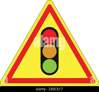 Panneau routier triangulaire temporaire français avec fond jaune et cadre rouge : feux de circulation Illustration de Vecteur
