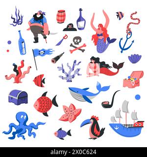 La vie marine et marine, les pirates et la vie sous-marine Illustration de Vecteur