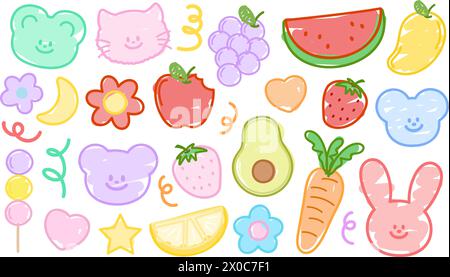 Doodle illustration d'ours en peluche, chat, lapin, chiot, raisin, pastèque, mangue, fraise, pomme, citron, avocat, carotte, fleurs et coeur Illustration de Vecteur