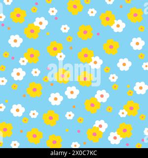 Illustration de fleurs blanches et jaunes sur un fond bleu pour impression florale, bannière, tissu, printemps, été, automne, motif, pique-nique, papier peint Illustration de Vecteur