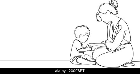 dessin simple ligne continu de mère un enfant en bas âge jouant sur le sol, illustration vectorielle d'art au trait Illustration de Vecteur