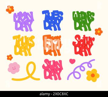 Dessiné à la main du lundi au dimanche pour calendrier, décorations, publication sur les médias sociaux, affiche, autocollant, jours de la semaine, week-ends, jours fériés, police, typographie, lettres Illustration de Vecteur