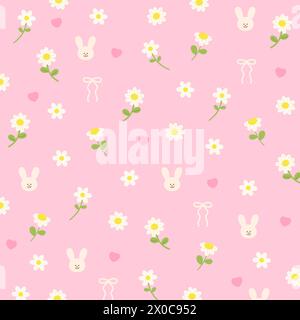 Illustration de lapin, ruban, fleurs, coeur sur un fond rose pastel pour impression florale, tissu, motif, vêtements d'enfant, pâques, papier peint animal Illustration de Vecteur