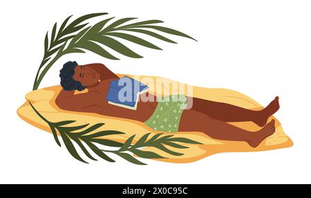 Homme allongé sur la plage, homme fatigué qui fait la sieste avec un livre Illustration de Vecteur