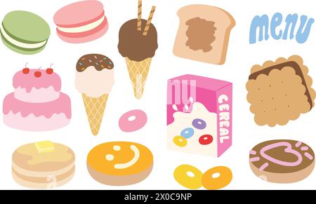 Collations dessinées à la main et desserts sucrés de gâteau d'anniversaire, macaron, beignets, biscuit au chocolat, pain au beurre d'arachide, beurre de crêpe, boîte de céréales, crème glacée Illustration de Vecteur