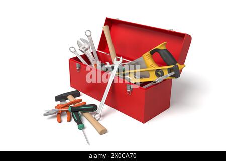 Boîte à outils rouge avec outils à main assortis Banque D'Images