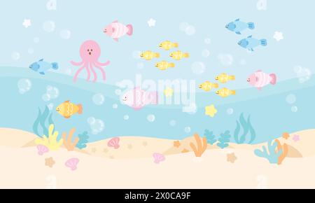 Illustrations pastel de sous la mer, y compris poissons, récif de corail, poulpe, coquille de mer pour aquarium, vies marines, fond, vue sur l'océan, papier peint Illustration de Vecteur