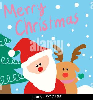 Éléments dessinés à la main de Noël et du nouvel an avec arbre de Noël, père noël, renne, neige, lettres DE JOYEUX NOËL sur un fond bleu pastel Illustration de Vecteur