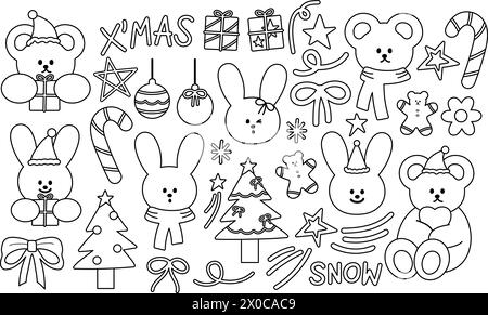 Contours de Noël et du nouvel an de ours en peluche, lapin, canne à bonbons, boîte cadeau, arbre, ruban, lumières, homme en pain d'épice, ruban, étoile filante, fleur Illustration de Vecteur