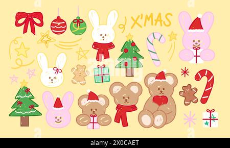 Noël et nouvel an doodles d'ours en peluche, lapin, canne à bonbons, arbre, ornements, ruban rouge, homme en pain d'épices, boîte cadeau, écharpe, chapeau de Noël Illustration de Vecteur