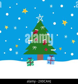 Illustrations de Noël et du nouvel an de sapin de Noël, neige, flocon de neige, boîte cadeau, chaussettes, étoile sur un fond bleu pastel pour carte, papier peint Illustration de Vecteur