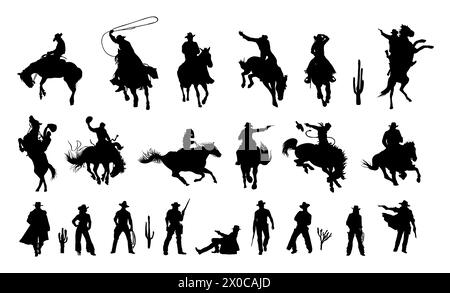 Ensemble de vecteur silhouettes noires de Cowboy isolé. Illustration de Vecteur