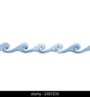Vague stylisée, bordure sans couture. Palette de couleurs monochromes bleu et blanc. Vagues d'océan, mer. Illustration aquarelle. Elément de tuiles azulejo. Pour Banque D'Images