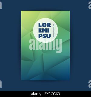 Flyer ou conception de couverture pour votre entreprise avec des triangles lumineux 3D verts et bleus, motif de formes géométriques éclatantes et étiquette ronde avec Copyspace, Pla Illustration de Vecteur