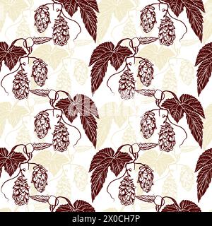 Houblon sans couture motif, feuilles et fleurs de la plante. Illustration monochrome vectorielle pour papier d'emballage, papier peint, tissu, couvertures, Oktoberfest. Illustration de Vecteur