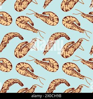 Motif crevette sans couture. Illustration vectorielle dessinée à la main sur un fond bleu. Pour le papier d'emballage, papier peint, tissu, couvertures, textiles, sacs alimentaires. Illustration de Vecteur