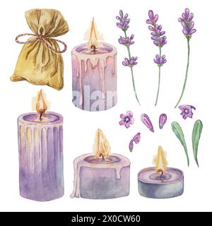 Ensemble d'aromathérapie à la lavande avec bougies lilas, fleurs et sachet pour parfum d'intérieur. Illustration d'aquarelle de parfum de spa maison. Clipart bundle de beauté biologique, cosmétique, magasin d'éléments d'étiquette Banque D'Images