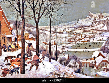 Chasseurs dans la neige (hiver), 1565 (peinture) artiste Bruegel, Pieter l'ancien (c.1525-69) flamand. Illustration de Vecteur