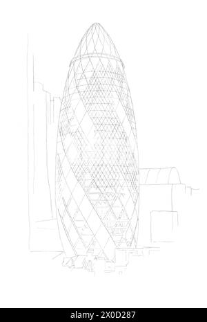 Croquis de dessin au crayon architectural du gratte-ciel Gherkin à Londres, Royaume-Uni Banque D'Images