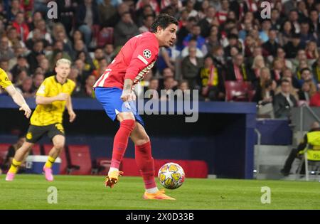 Madrid, Espagne. 10 avril 2024. José María Giménez de l'Atletico Madrid lors de l'UEFA League, quarts de finale, match de 1ère manche entre l'Atletico Madrid et le Borussia Dortmund le 10 avril 2024 au Metropolitano Stadium de Madrid, Espagne. Photo de Laurent Lairys/ABACAPRESS.COM crédit : Abaca Press/Alamy Live News Banque D'Images