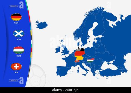 Carte de l'Europe avec les cartes marquées des pays participant au groupe A du tournoi européen de football 2024. Icône drapeaux du groupe A. Illustration de Vecteur