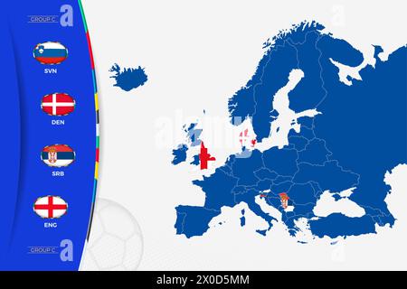 Carte de l'Europe avec les cartes marquées des pays participant au groupe C du tournoi européen de football 2024. Icône drapeaux du groupe C. Illustration de Vecteur