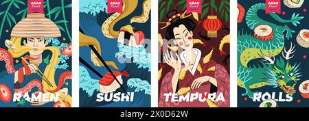 Ensemble d'affiches alimentaires japonaises. Cuisine japonaise bannière ramen plat national de nouilles et crevettes frites tempura. Sushi, sashimi et rouleaux imprimés publicitaires orientaux. Écriteau vectoriel de menu de restaurant de fruits de mer asiatique Illustration de Vecteur