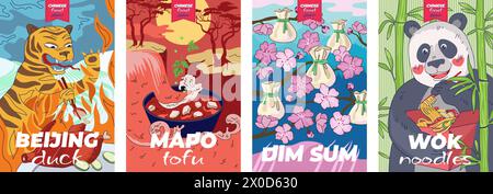 Ensemble d'affiches de cuisine chinoise. La bannière alimentaire nationale chinoise boulettes dim sum ou wonton et tigre avec baguettes mangent le canard pékin. Plat à soupe imprimé oriental mapo tofu. Pancarte rouge boîte de nouilles pour wok Panda Illustration de Vecteur
