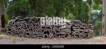 Pile d'écorce de liège récoltée dans la région de l'Algarve, Portugal. Banque D'Images