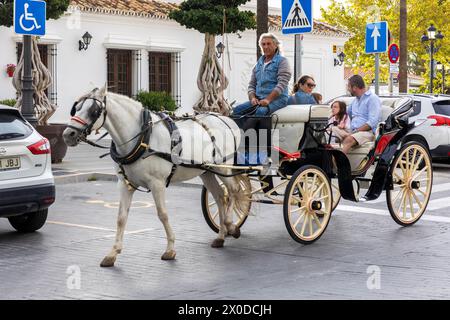 Mijas, Espagne - 22 octobre 2023 : taxis à âne utilisés par les touristes sur le village de Mijas, Espagne. Banque D'Images