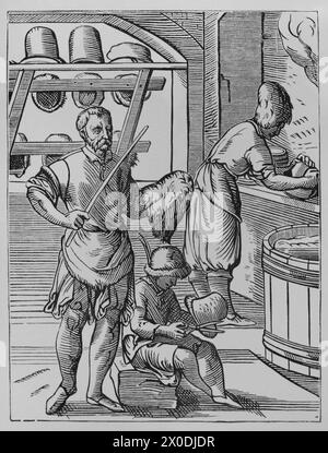 Les métiers. Hatter. Fac-similé d'après un dessin et une gravure de Jost Amman au XVIe siècle. « Moeurs, usages et costumes au moyen-âge et à l'époque de la Renaissance », de Paul Lacroix. Paris, 1878. Banque D'Images
