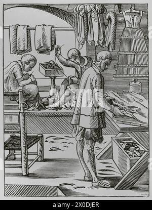 Les métiers. Le tailleur. Fac-similé d'après un dessin et une gravure de Jost Amman au XVIe siècle. « Moeurs, usages et costumes au moyen-âge et à l'époque de la Renaissance », de Paul Lacroix. Paris, 1878. Banque D'Images