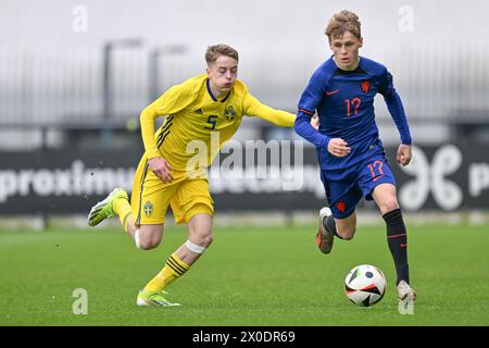 Gabriel Granberg (5) de Suède a défendu Sil Blokhuis (17) des pays-Bas lors d'un match amical de football entre les équipes nationales de Suède et des pays-Bas de moins de 16 ans futures le jeudi 11 avril 2024 à Tubize , Belgique . PHOTO SPORTPIX | David Catry Banque D'Images