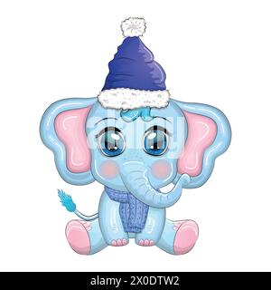 Joli éléphant de dessin animé, personnage puéril avec de beaux yeux portant chapeau de père noël, écharpe, cadeau de tenue, boule de noël ou canne à sucre. Le concept du Illustration de Vecteur