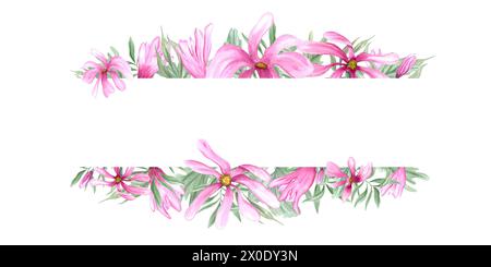Fleurs roses abstraites. Feuilles vertes et fleurs de magnolia. Branches de laurier rose. Cadre romantique horizontal avec espace de copie pour le texte. Banque D'Images