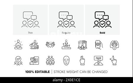 Cliquez sur les icônes de ligne main, faux avis et sécurité. Pour l'application Web, impression. Icônes de ligne. Vecteur Illustration de Vecteur