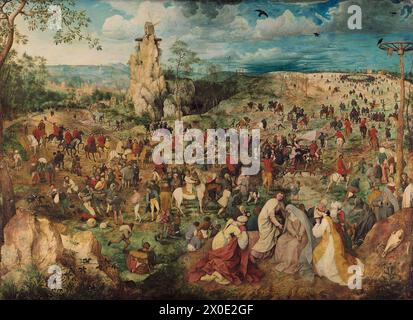 La procession au Calvaire est une huile sur panneau de l'artiste de la Renaissance néerlandaise Pieter Bruegel l'aîné du Christ portant la croix dans un grand paysage, peint en 1564. Banque D'Images